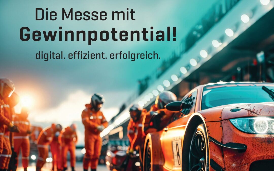 Werbemotiv der digitalen Messe „MESSEWELT MW“ vom 15. bis 26. September 2025 mit Rennsport-Optik. Im Vordergrund ein orangenes Rennfahrzeug in der Boxengasse, umgeben von Mechanikern.