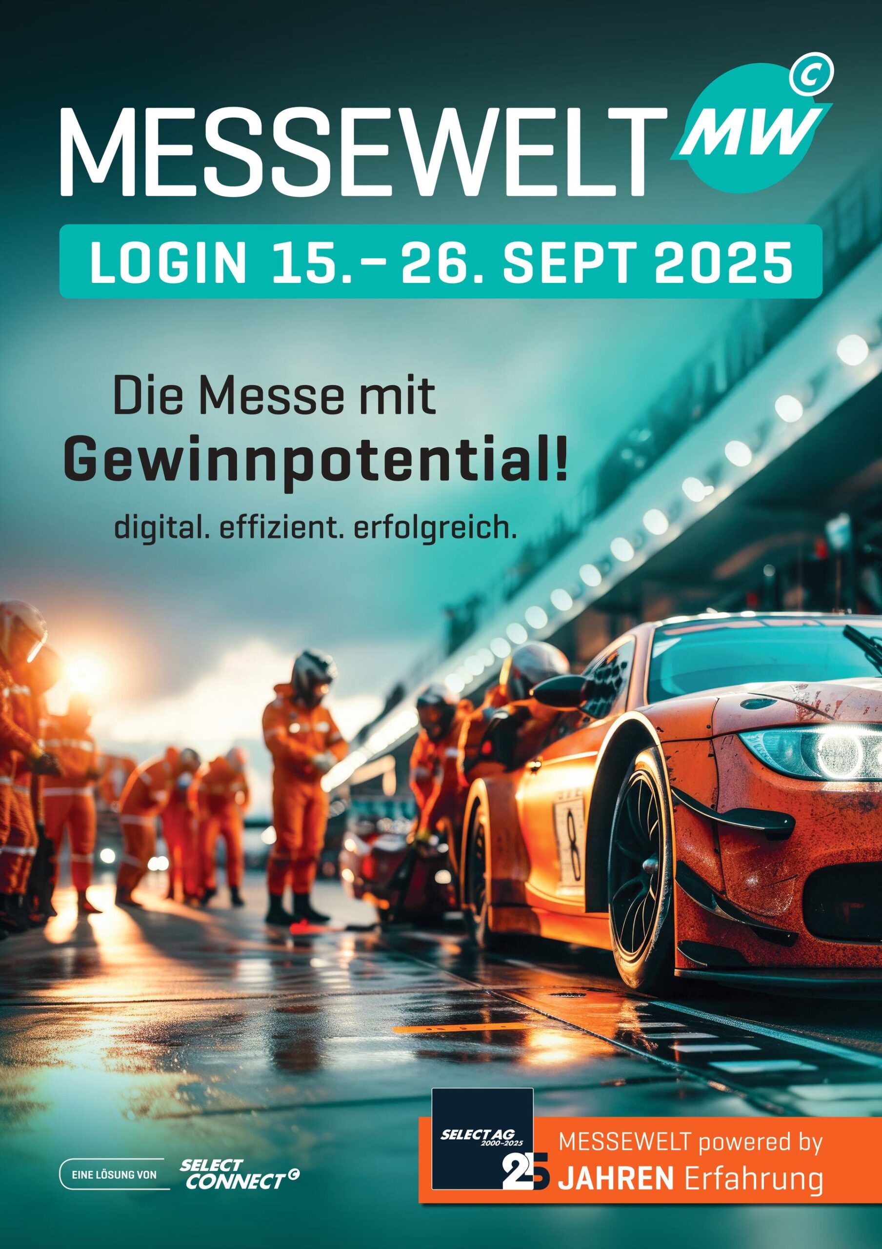 Werbemotiv der digitalen Messe „MESSEWELT MW“ vom 15. bis 26. September 2025 mit Rennsport-Optik. Im Vordergrund ein orangenes Rennfahrzeug in der Boxengasse, umgeben von Mechanikern.